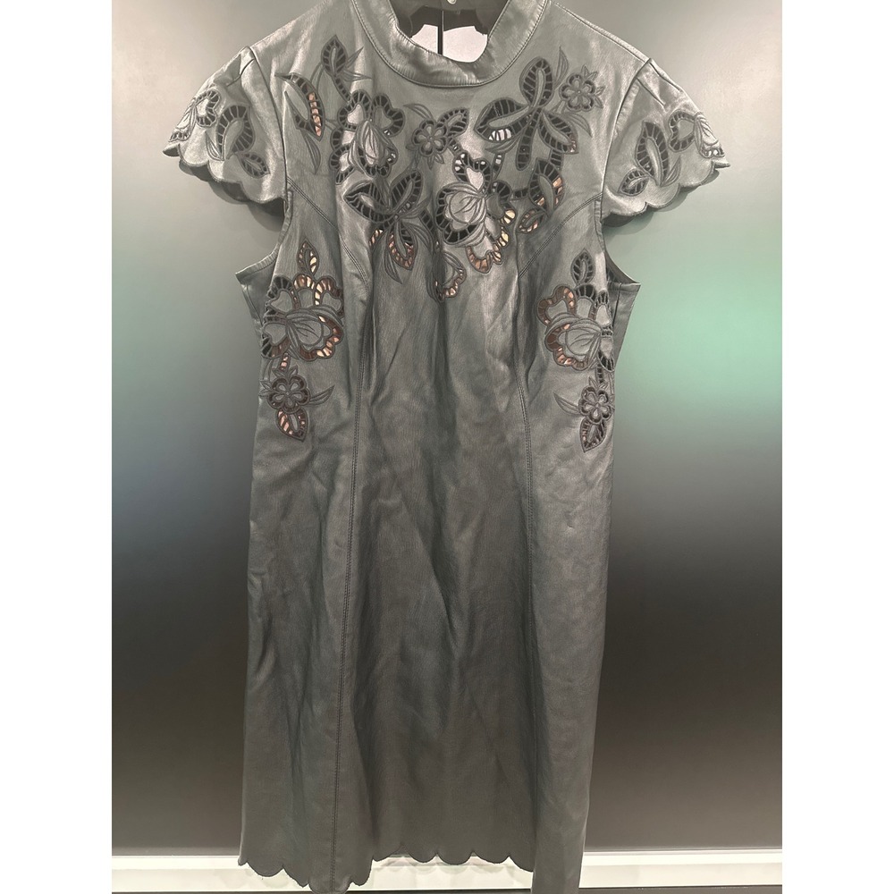 Anthropologie Floral Laser Cut Faux Leather Mini Dress Black Size 12‎ Scalloped